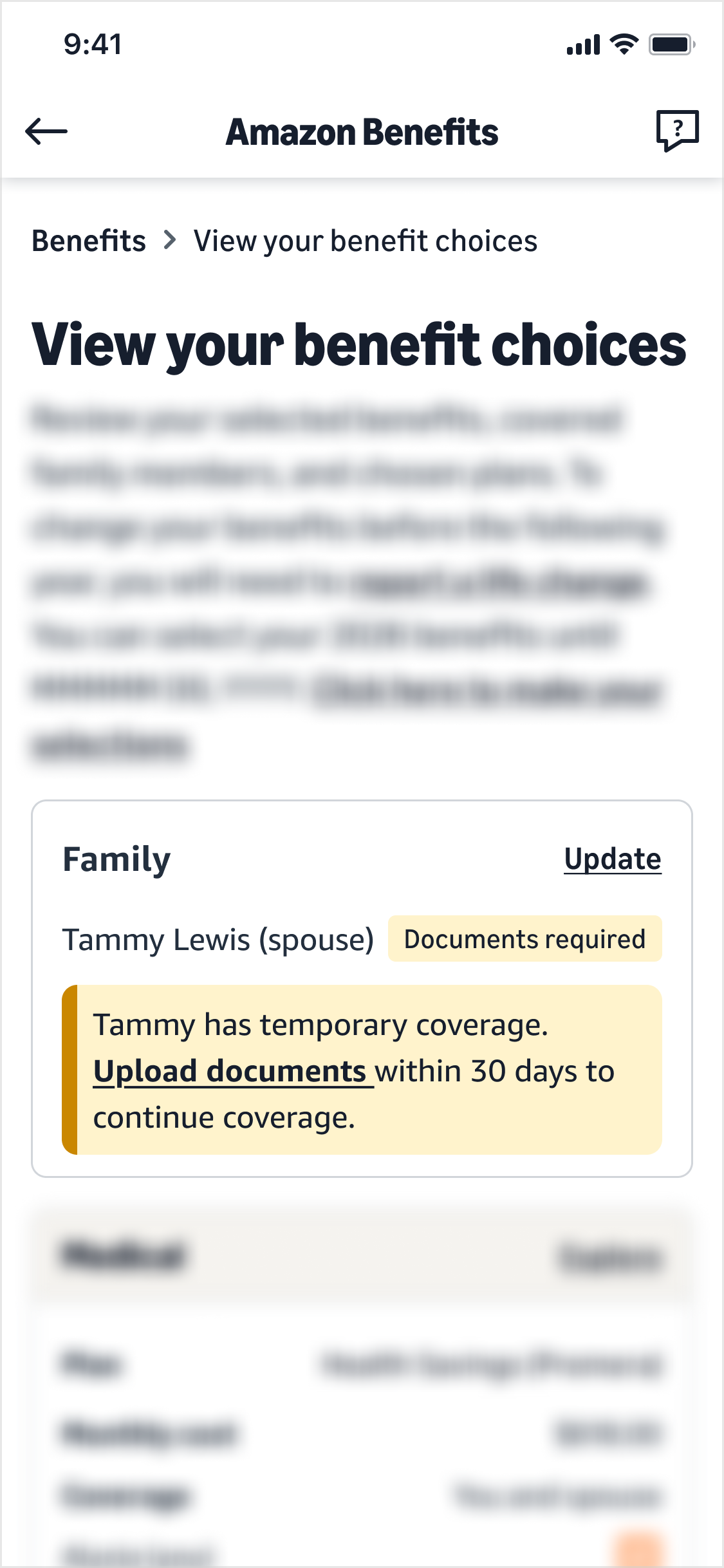 View your choices page: identical Documents required status and amber temporary-coverage note